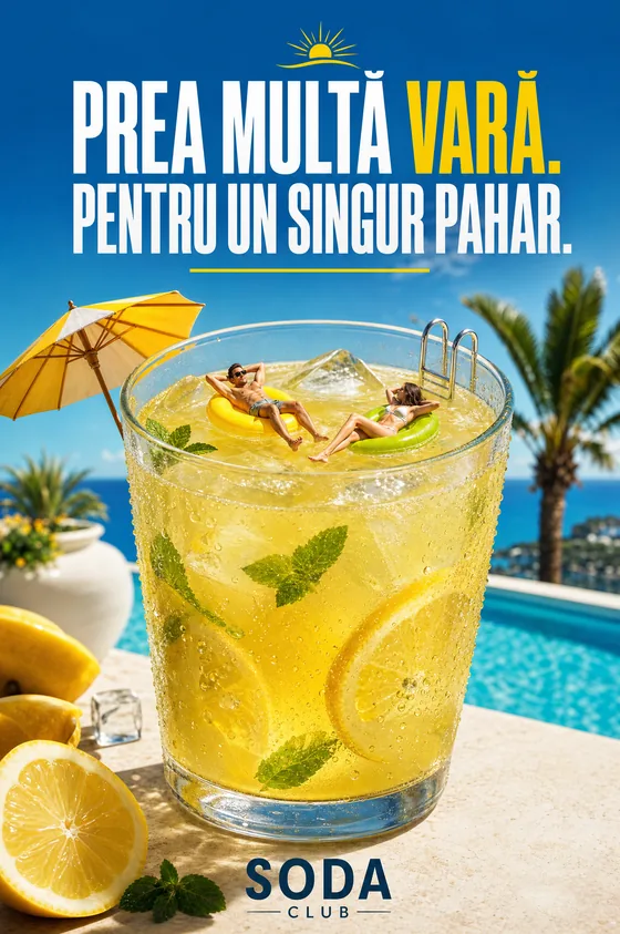 Concept de postare pentru o băutură de vară: „Prea multă vară. Pentru un singur pahar.”, Soda Club