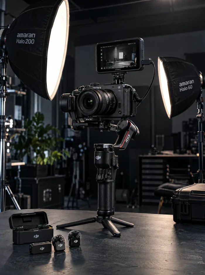 Echipamentul nostru de filmare: cameră Sony Alpha cu monitor Atomos pe gimbal DJI RS 5, lumini amaran și microfoane wireless DJI